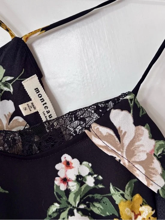 Monteau| Feminine Black & Pink Floral Lace-Trim Peplum Cami Blouse Sz S - Picture 6 of 7